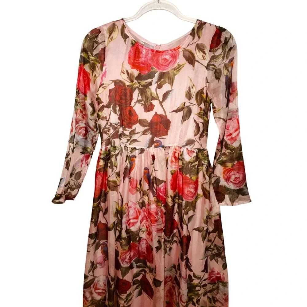 Chi Pink Floral Bird Print Maxi Dress Long Sleeve Sheer Overlay XS Cottage Fairy